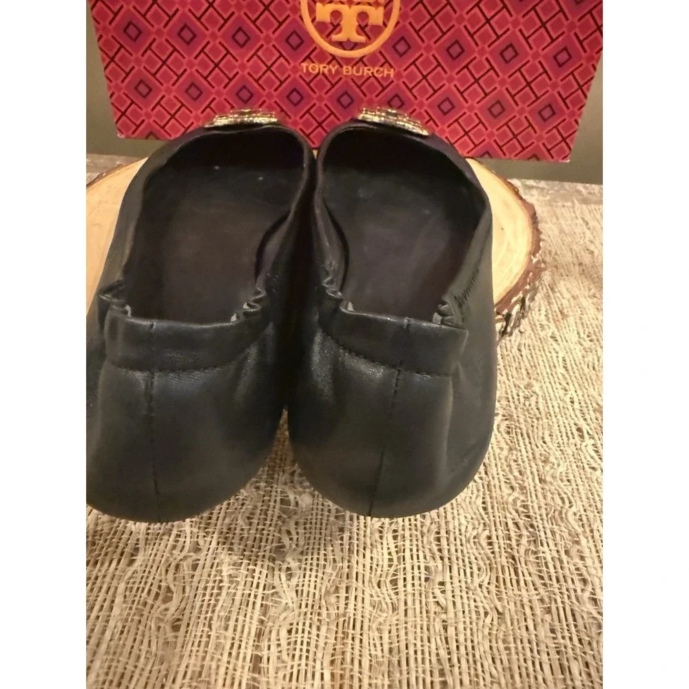 Tory Burch Minnie Travel Ballet Flats Black Leather Gold Logo Sz-10M